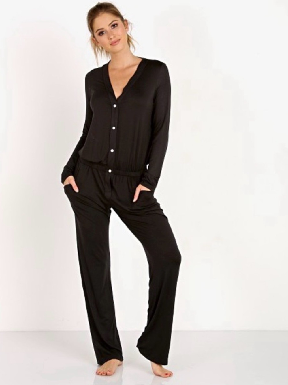 NWOT Eberjey Maya Long Sleeve Jumpsuit Black Size S